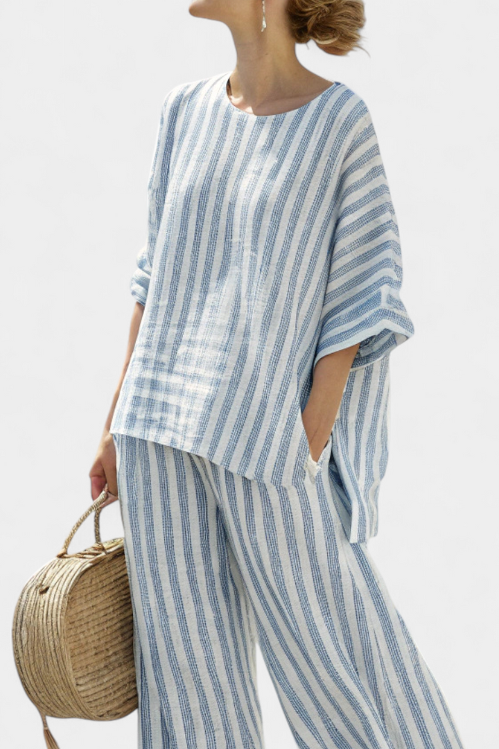 Umbria™ | Top en lin à rayures bleues raffinées et pantalon ample.