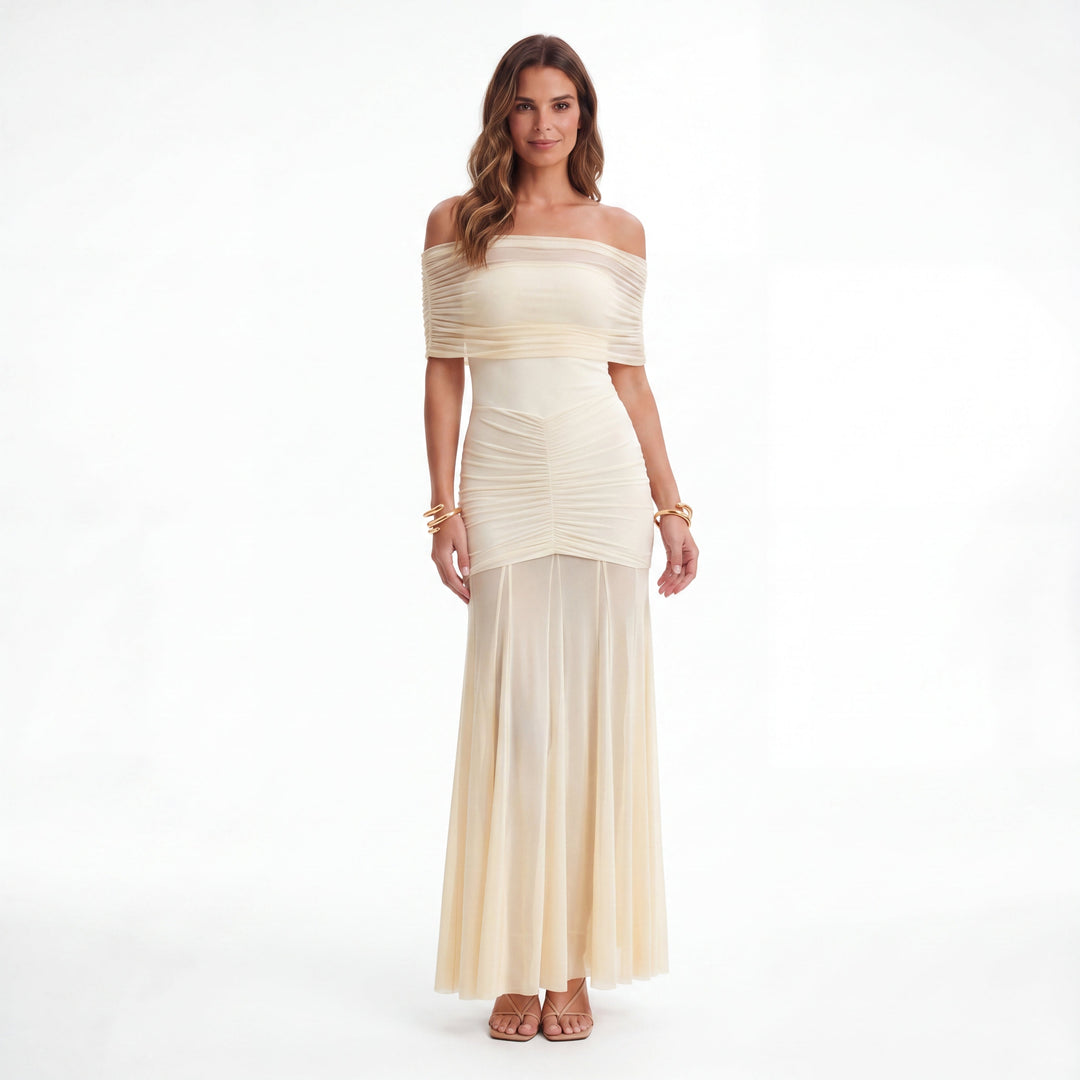 Alodia Shoulder Maxi Dress with Mesh Overlay (Robe longue à épaulement avec superposition de maille)