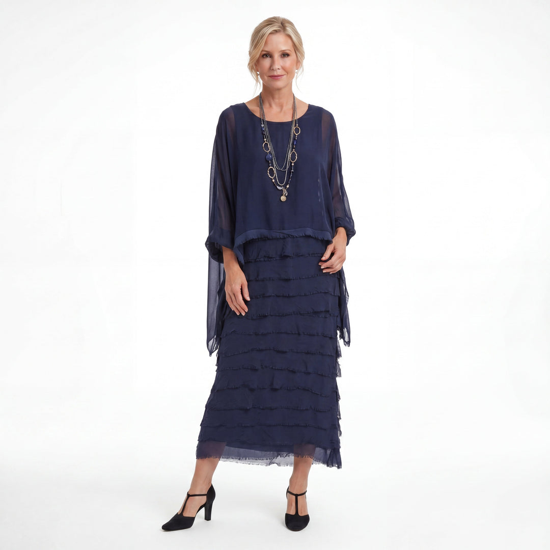 Rosaria - Robe midi à volants et bords frangés